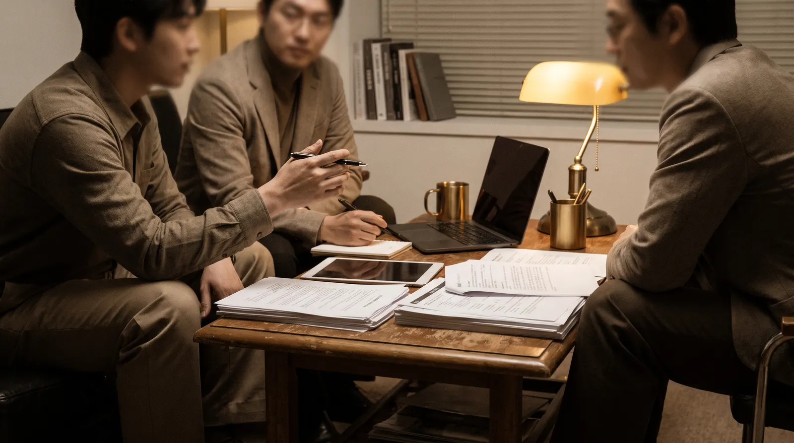 Three colleagues in a serious conversation around a table with documents and a laptop, discussing a difficult program decision