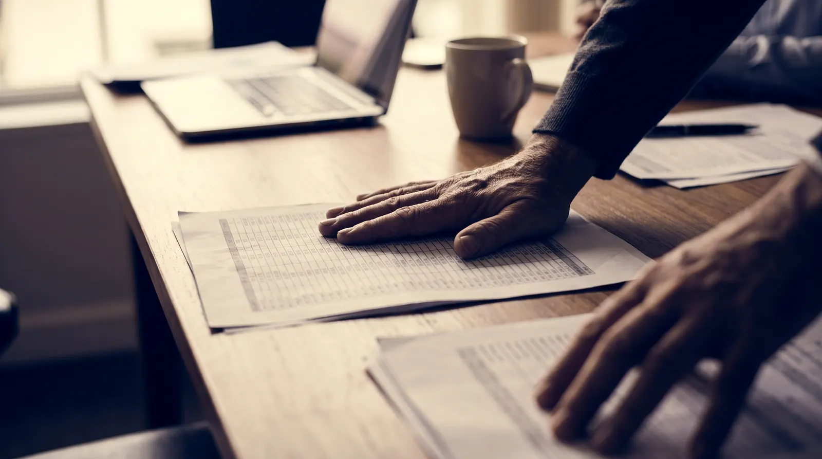 A hand resting firmly on a printed spreadsheet report during a meeting, holding the page in place while another hand reaches toward a different document