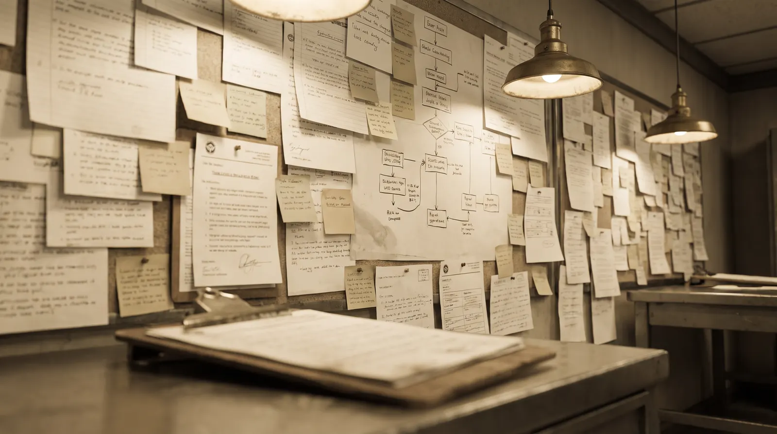 Wall covered in overlapping handwritten process notes and flowcharts, illustrating inconsistent process documentation