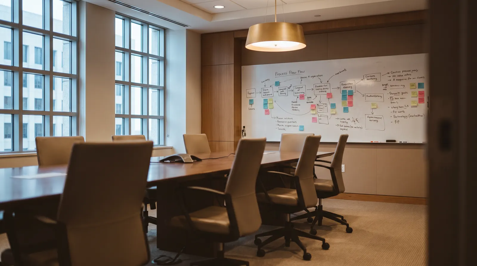 Empty conference room at dawn with a whiteboard covered in process diagrams, symbolizing the slow, quiet work of organizational transformation