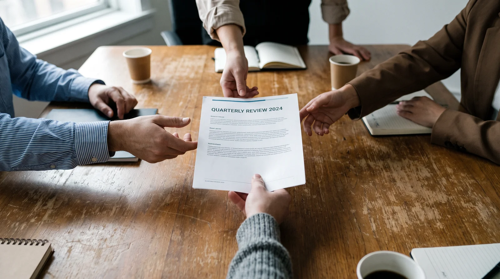 A hand placing a printed report at the center of a conference table, pushing it outward, while three other hands reach in from different sides toward the same document