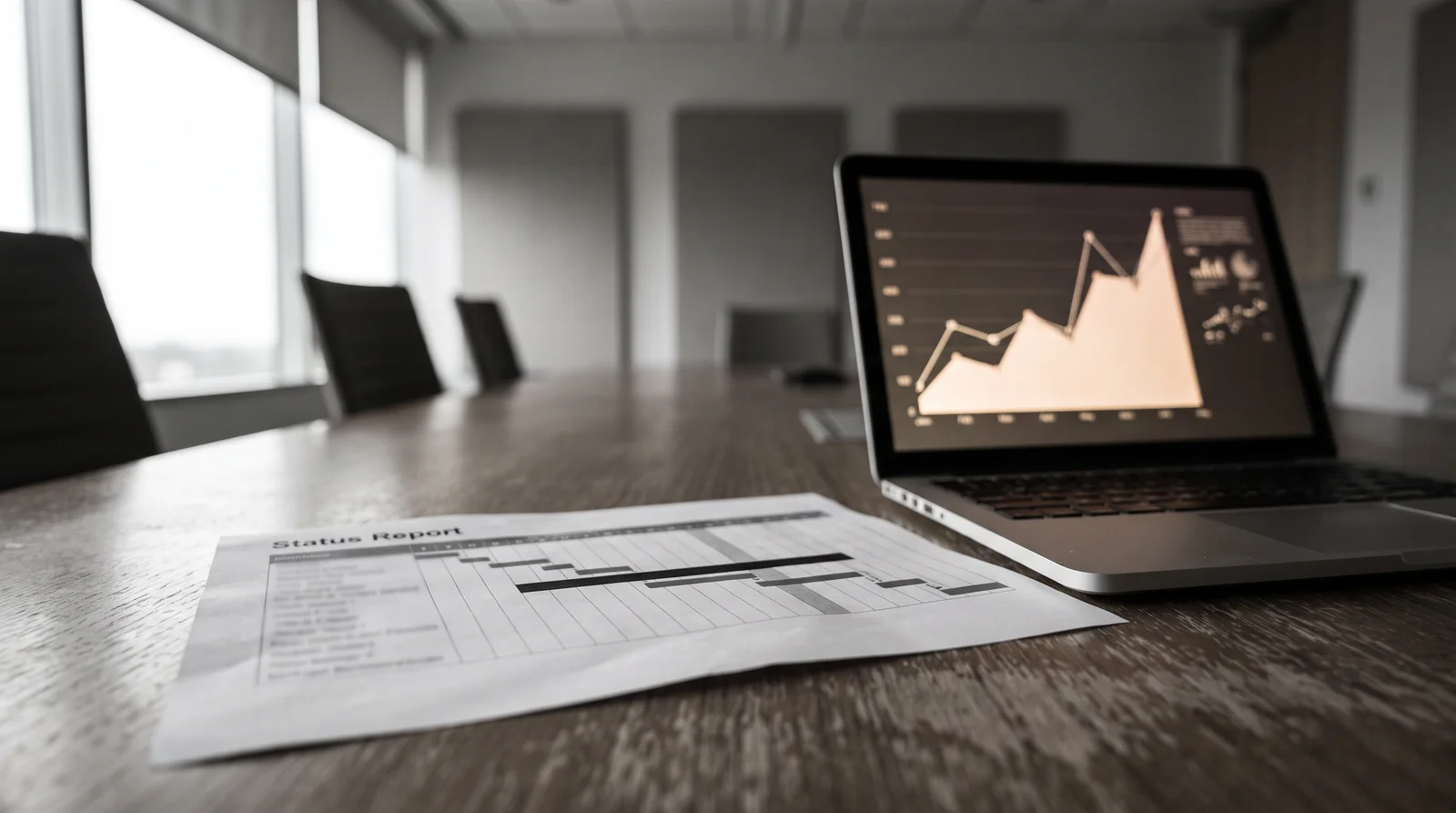 A printed status report on a conference table showing an unchanged milestone bar, next to a laptop screen showing a rising usage chart telling a different story